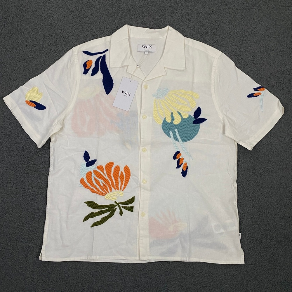 Wax London Didcot SS Shirt Mens Large Chunky Stitch Flower Ecru Camp Collar